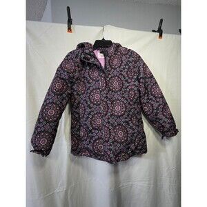 Childrens PLACE Girls Hooded Puffer Jacket Black Pink Purple Floral Size L 10/12